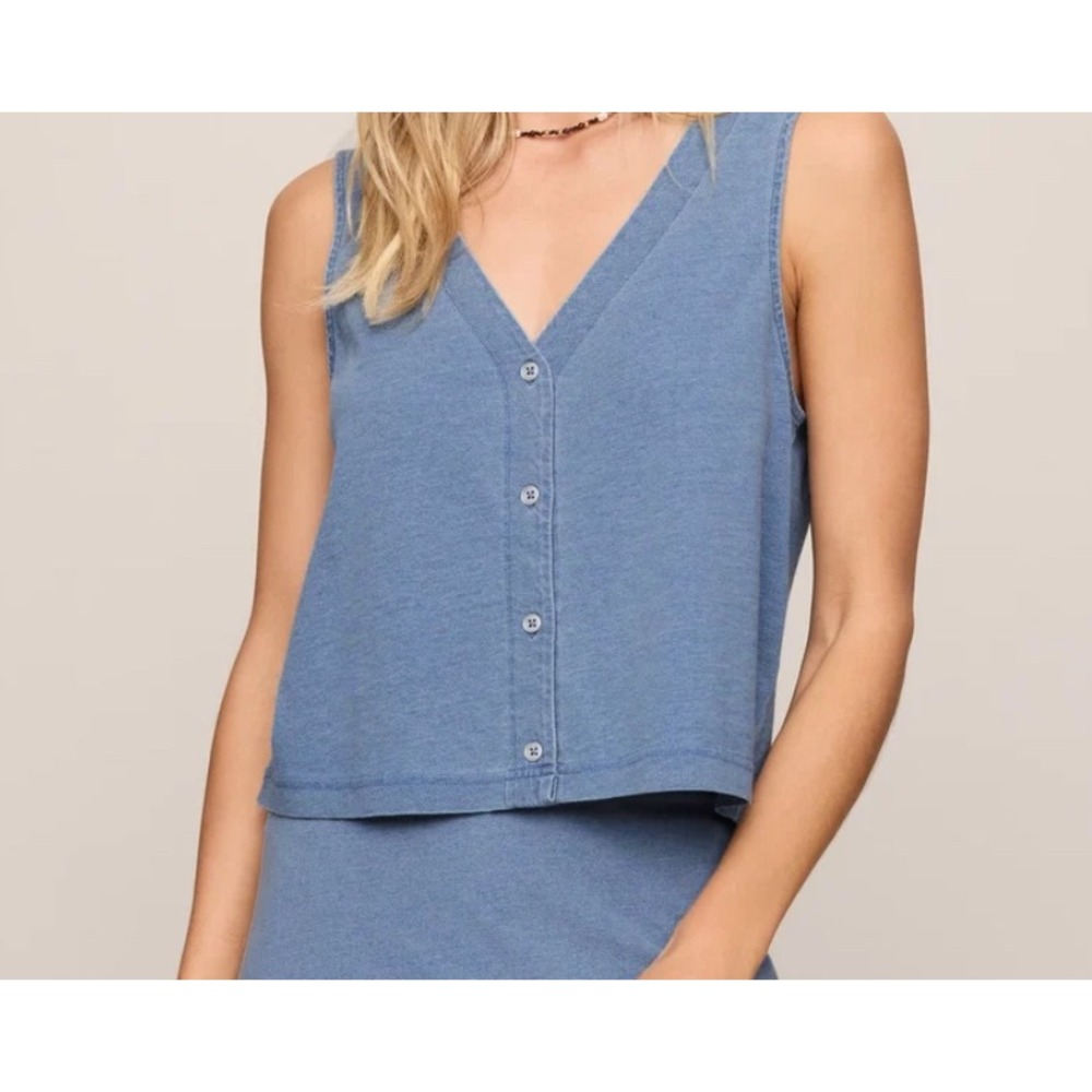 Z Supply Womens Solace Blue Cotton Jersey Button V-Neck Cropped Tank Top Vest Xs